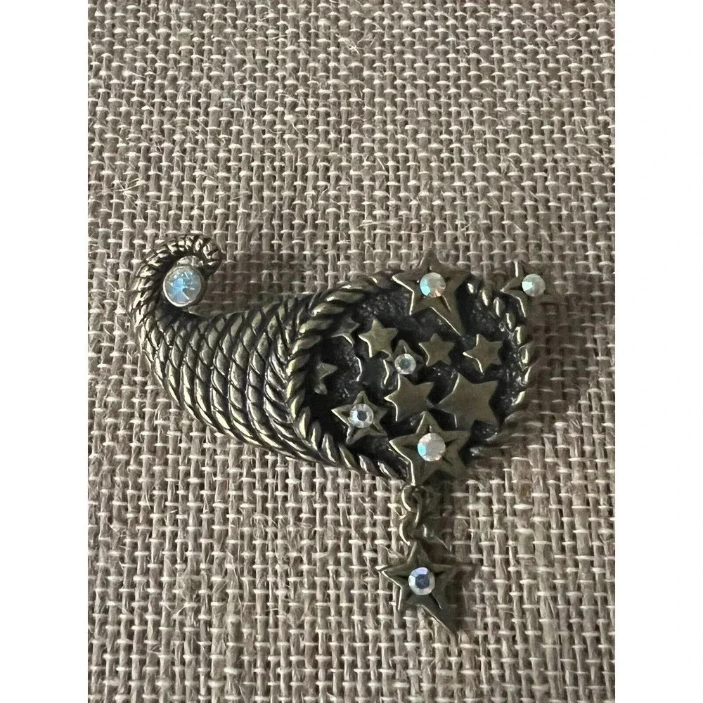 VINTAGE Signed DD Pin Brooch AB Rhinestones in Stars Cornucopia Estate Dangle